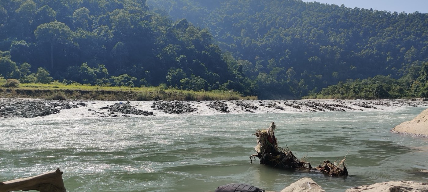 The Rangeet river running between forested hills at Chirbirey